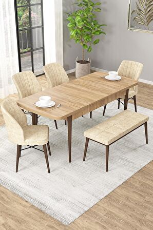 Rovena Arel Meşe 80x132 Açılabilir Mdf Mutfak Masası Takımı 4 Adet Sandalye + 1 Bench