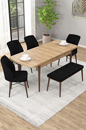 Rovena Arel Meşe 80x132 Açılabilir Mdf Mutfak Masası Takımı 4 Adet Sandalye + 1 Bench
