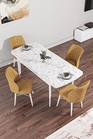 Rovena Arel Beyaz Mermer 80x132 Açılabilir Mdf Mutfak Masası Takımı 4 Adet Sandalye