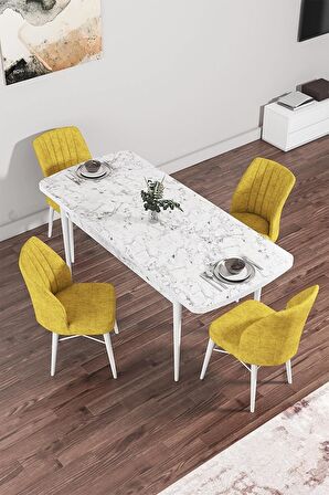 Rovena Arel Beyaz Mermer 80x132 Açılabilir Mdf Mutfak Masası Takımı 4 Adet Sandalye