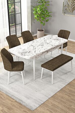 Rovena Arel Beyaz Mermer 80x132 Açılabilir Mdf Mutfak Masası Takımı 4 Adet Sandalye + 1 Bench