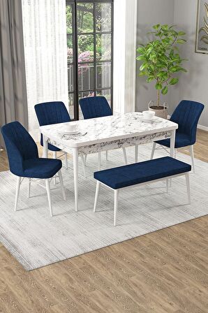 Rovena Arel Beyaz Mermer 80x132 Açılabilir Mdf Mutfak Masası Takımı 4 Adet Sandalye + 1 Bench