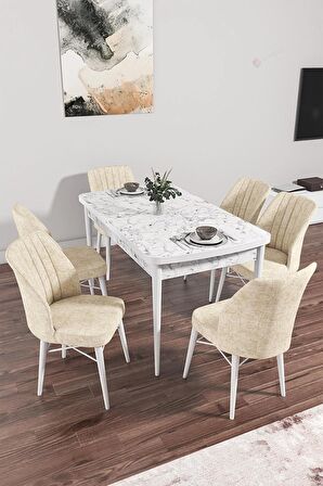 Rovena Arel Beyaz Mermer 80x132 Açılabilir Mdf Mutfak Masası Takımı 6 Adet Sandalye