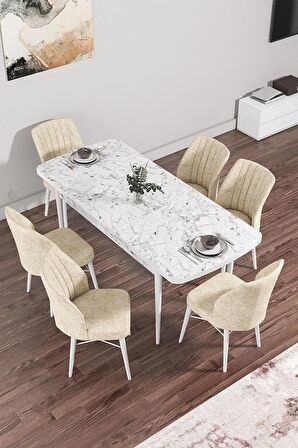 Rovena Arel Beyaz Mermer 80x132 Açılabilir Mdf Mutfak Masası Takımı 6 Adet Sandalye