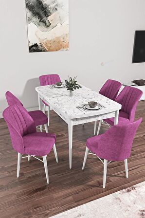 Rovena Arel Beyaz Mermer 80x132 Açılabilir Mdf Mutfak Masası Takımı 6 Adet Sandalye