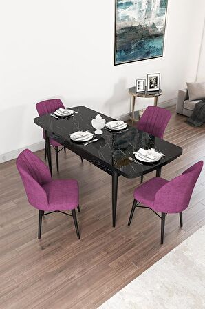 Rovena Arel Siyah Mermer 80x132 Açılabilir Mdf Mutfak Masası Takımı 4 Adet Sandalye