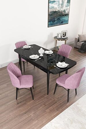 Rovena Arel Siyah Mermer 80x132 Açılabilir Mdf Mutfak Masası Takımı 4 Adet Sandalye