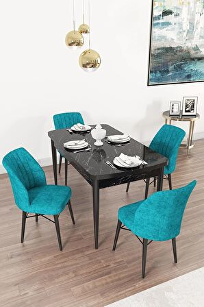 Rovena Arel Siyah Mermer 80x132 Açılabilir Mdf Mutfak Masası Takımı 4 Adet Sandalye