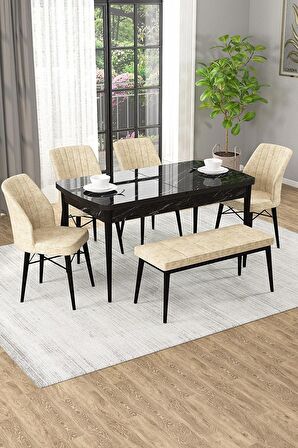 Rovena Arel Siyah Mermer 80x132 Açılabilir Mdf Mutfak Masası Takımı 4 Adet Sandalye + 1 Bench