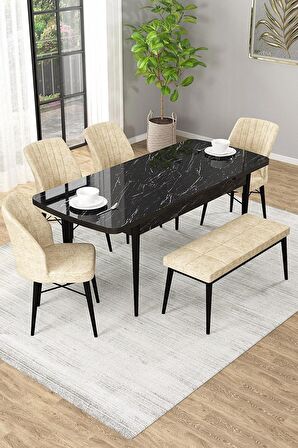 Rovena Arel Siyah Mermer 80x132 Açılabilir Mdf Mutfak Masası Takımı 4 Adet Sandalye + 1 Bench