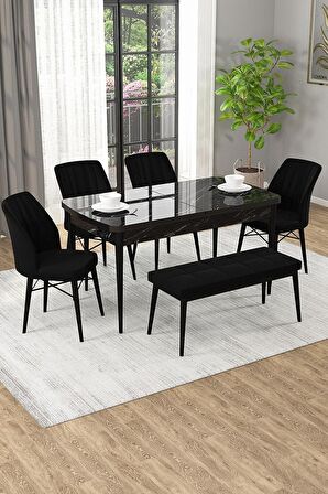 Rovena Arel Siyah Mermer 80x132 Açılabilir Mdf Mutfak Masası Takımı 4 Adet Sandalye + 1 Bench