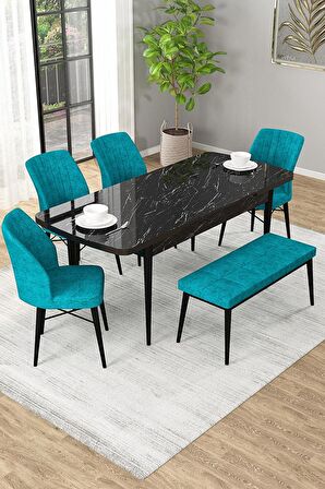 Rovena Arel Siyah Mermer 80x132 Açılabilir Mdf Mutfak Masası Takımı 4 Adet Sandalye + 1 Bench