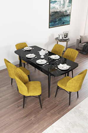Rovena Arel Siyah Mermer 80x132 Açılabilir Mdf Mutfak Masası Takımı 6 Adet Sandalye