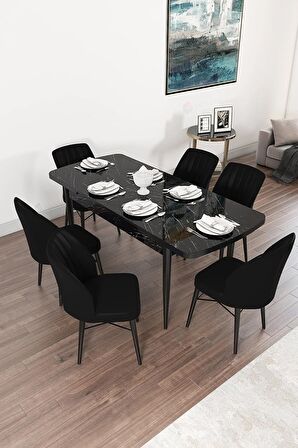 Rovena Arel Siyah Mermer 80x132 Açılabilir Mdf Mutfak Masası Takımı 6 Adet Sandalye