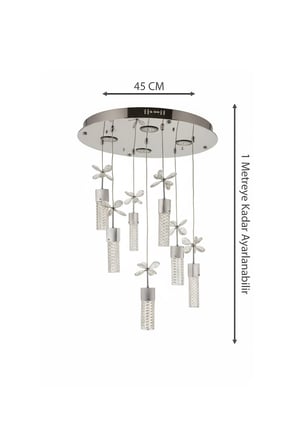Lüks Gümüş Çemberli Seri 7li 4 Modlu Kristal Kelebekli Petek Silindir Modern Led Avize