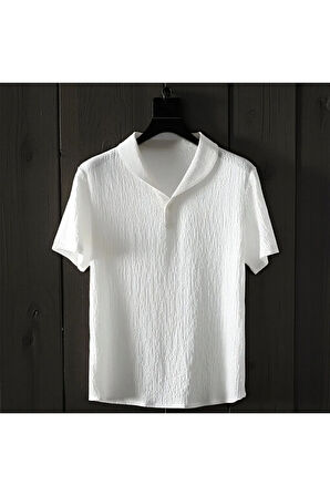 Alaçatı Stili Erkek Bürümcük Krinkıl Kumaş Yazlık Likralı Polo Yaka Tshirt ve Eşofman Takım kombini