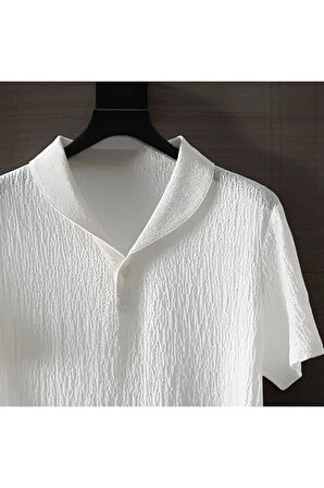 Alaçatı Stili Erkek Bürümcük Krinkıl Kumaş Yazlık Likralı Polo Yaka Tshirt ve Eşofman Takım kombini