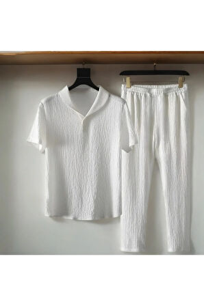 Alaçatı Stili Erkek Bürümcük Krinkıl Kumaş Yazlık Likralı Polo Yaka Tshirt ve Eşofman Takım kombini