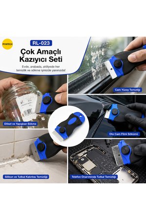 RL-023 Çok Amaçlı Cam Film Tutkal Ve Etiket Kazıyıcı Spatula Temizleme Aracı Yedek Bıçaklı Set
