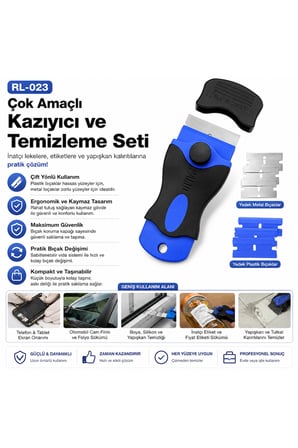 RL-023 Çok Amaçlı Cam Film Tutkal Ve Etiket Kazıyıcı Spatula Temizleme Aracı Yedek Bıçaklı Set