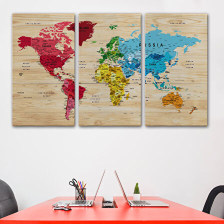 Harita Sepeti Ahşap Görünümlü Dünya Haritası Ayrıntılı ve Dekoratif Kanvas Tablo 1812