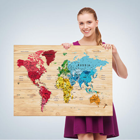 Harita Sepeti Ahşap Görünümlü Dünya Haritası Ayrıntılı ve Dekoratif Kanvas Tablo 1812