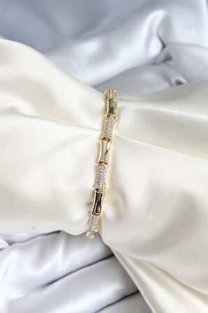 Pirinç Kemik Model Zirkon Taşlı Gold Renk Kadın Bileklik