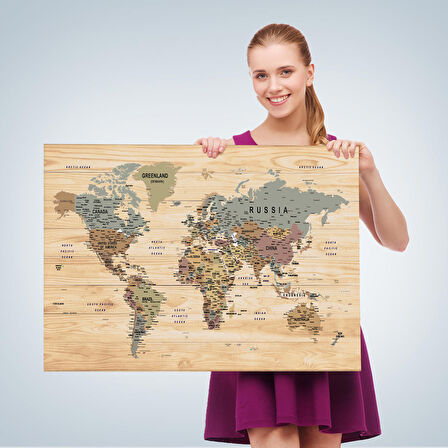 Harita Sepeti Ahşap Görünümlü Dünya Haritası Ayrıntılı ve Dekoratif Kanvas Tablo 1813