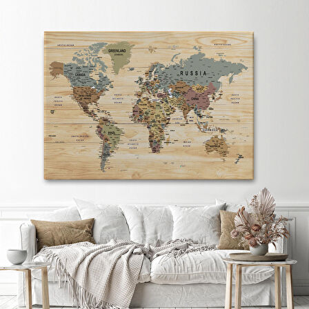 Harita Sepeti Ahşap Görünümlü Dünya Haritası Ayrıntılı ve Dekoratif Kanvas Tablo 1813