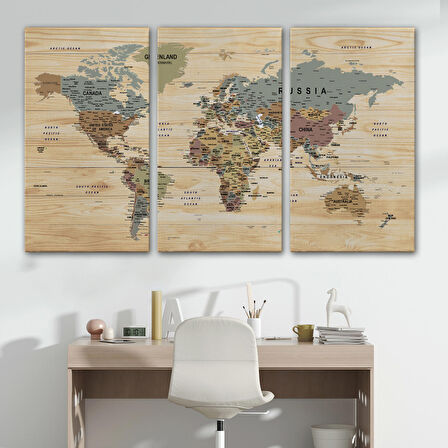 Harita Sepeti Ahşap Görünümlü Dünya Haritası Ayrıntılı ve Dekoratif Kanvas Tablo 1813