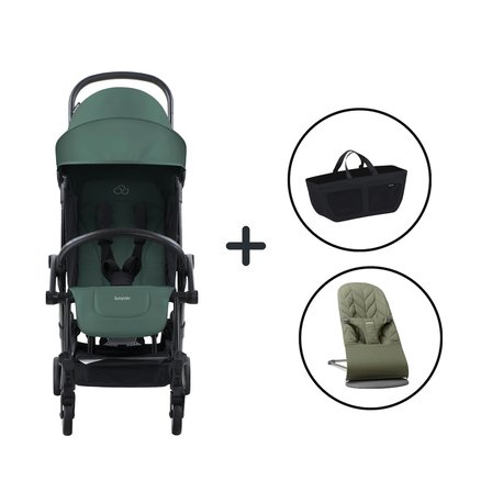 BabyBjörn Bliss Ana Kucağı Petal Woven Dark Geen & Bumprider Connect³ Black-Olive Bebek Arabası - Yan Düzenleyici Çanta