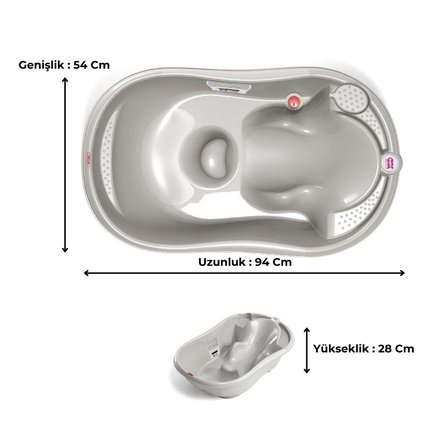 OKBaby Bebek Banyo Seti Onda Dijital Termometreli Çift Yönlü Küvet + Hippo Duş Şapkası A.Gri