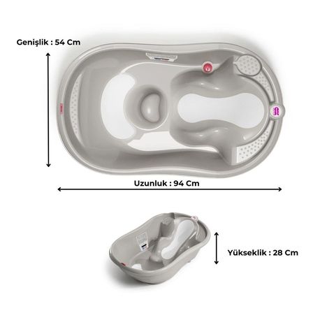 OKBaby Bebek Banyo Seti Onda Evolution Dijital Termometreli Çift Yönlü Küvet + Hippo Duş Şapkası A.Gri