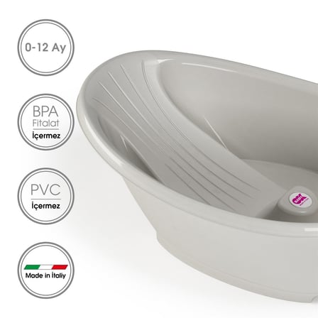 OKBaby Bebek Banyo Seti Bella Dijital Termometreli Çift Yönlü Küvet + Hippo Duş Şapkası A.Gri