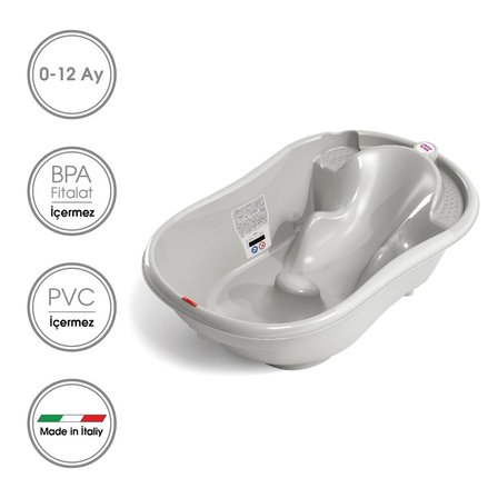 OKBaby Bebek Banyo Seti Onda Dijital Termometreli Çift Yönlü Küvet + Küvet Taşıyıcı + Hippo Duş Şapkası A.Gri