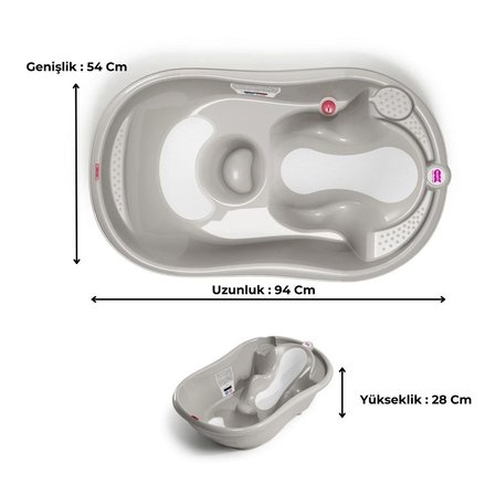 OKBaby Bebek Banyo Seti Onda Evolution Dijital Termometreli Çift Yönlü Küvet + Küvet Taşıyıcı + Hippo Duş Şapkası A.Gri