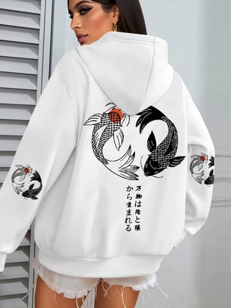 Japon Koi Harajuku Çizim Baskılar Kadın Hoodie Gevşek Y2K Hoody Renkli Sonbahar Hoodies Polar