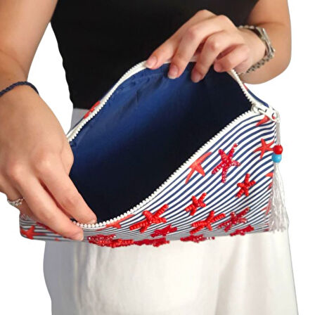Uretti - Sümeyya 2589 2454 El Yapımı Deniz Yıldızlı Boncuk İşlemeli Çizgili Model Clutch Çanta
