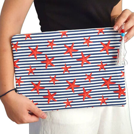 Uretti - Sümeyya 2589 2454 El Yapımı Deniz Yıldızlı Boncuk İşlemeli Çizgili Model Clutch Çanta