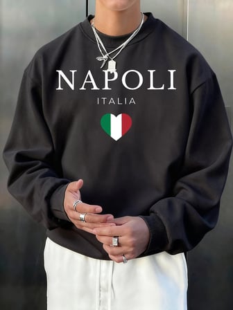 Napoli İtalya Mektup Ve Bayrak Baskı Erkek Kazak Bisiklet Yaka Rahat Kazak Sonbahar Sokak Şık