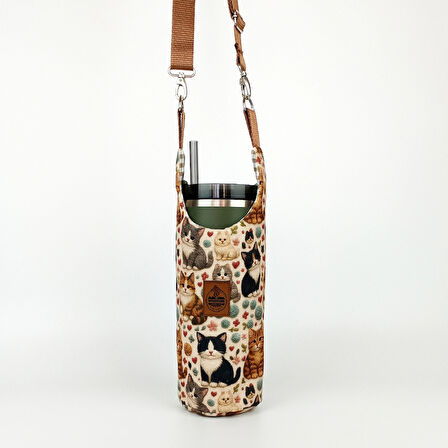 Woodycord El Yapımı 3D Kedi Desenli Matara Termos Kılıfı Kulplu Model Quencher Pipetli 1,18