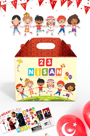 23 Nisan Hediye Kutusu, Özel Tasarım 8 adet Çocuk Bayramı Hediye Kutusu 44 Mini Sticker ve Çocuk Süs