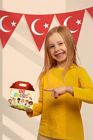 23 Nisan Hediye Kutusu, Özel Tasarım 8 adet Çocuk Bayramı Hediye Kutusu 44 Mini Sticker ve Çocuk Süs
