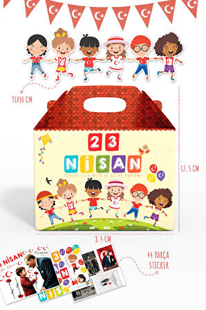 23 Nisan Hediye Kutusu, Özel Tasarım 8 adet Çocuk Bayramı Hediye Kutusu 44 Mini Sticker ve Çocuk Süs