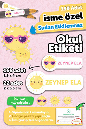 Okul Etiketi Kalem Defter isimli Etiket Isim Yazılabilen Güneş Temalı - 190 Adet Özel Tasarım
