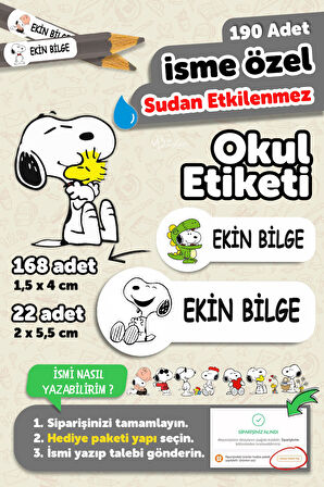 Okul Etiketi Kalem Defter isimli Etiket Isim Yazılabilen Snopy - 190 Adet Özel Tasarım Etiket