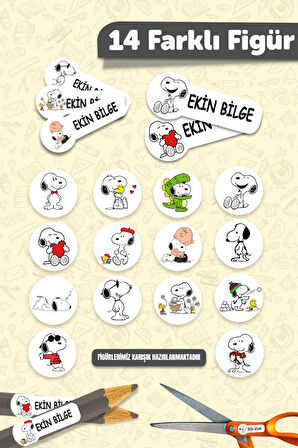 Okul Etiketi Kalem Defter isimli Etiket Isim Yazılabilen Snopy - 190 Adet Özel Tasarım Etiket