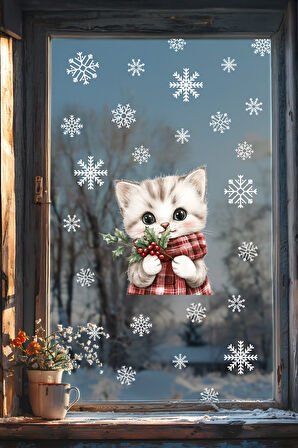 Şaşkın Kedi & Kar Taneleri Cam Süsü – Çift Taraflı Baskı %100 Net Görünüm - Yılbaşını Bekleyen Kedi