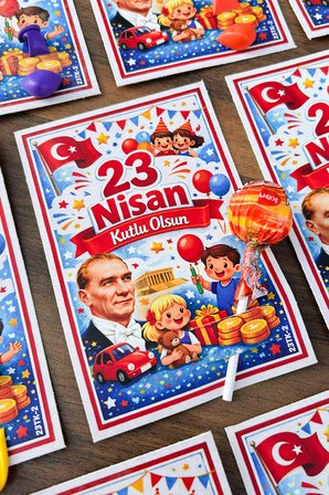 10 Adet 23 Nisan Şeker ve Balon Konulabilen Tebrik Kartı 10'lu Set – Sınıf Dağıtımlık Hediyelik Kart