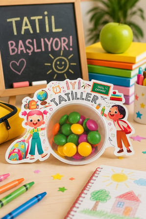 İyi Tatiller Şekerleme Kutusu 12 li  – Karne Hediyesi Çocuk Şeker Kutusu – Tatil Temalı Sürpriz Kutusu